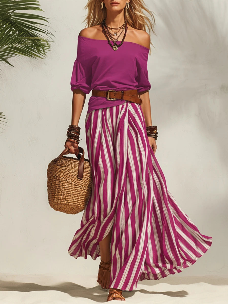 Off-shoulder Top And Slit Skirt Womens Set