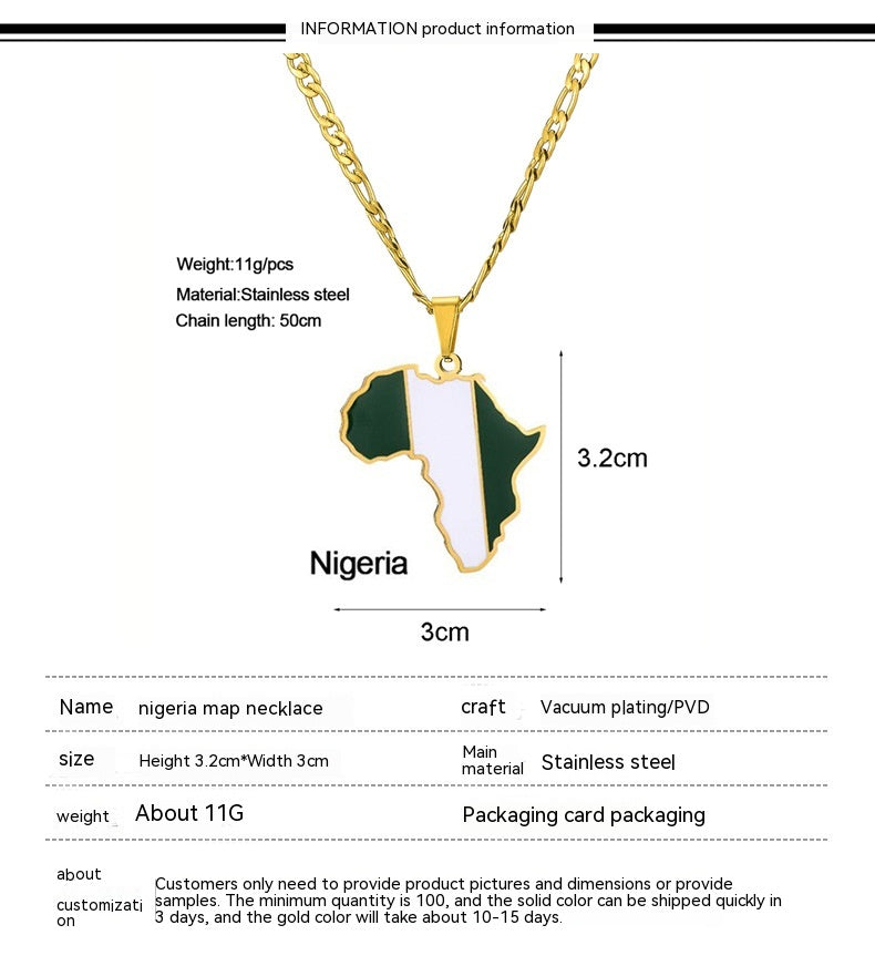 Ornament Africa Map Nigeria Somalia Angola Stainless Steel Necklace