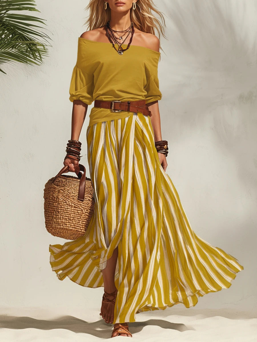 Off-shoulder Top And Slit Skirt Womens Set