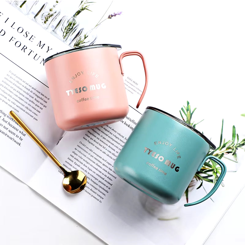 Nordic Style Metal Coffee Cup with Lid Office Workers Portable Coffe Milk Breakfast TYESO Mug Tazze Colazione Caneca Criativa