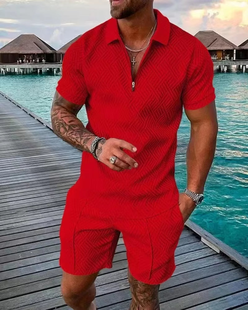 New 2026 Men'S Polo Suit Fashion Men Sets Solid Summer V-Neck Zipper Short Sleeve POLO Shirt+Shorts Two Pieces Men Casual Suit