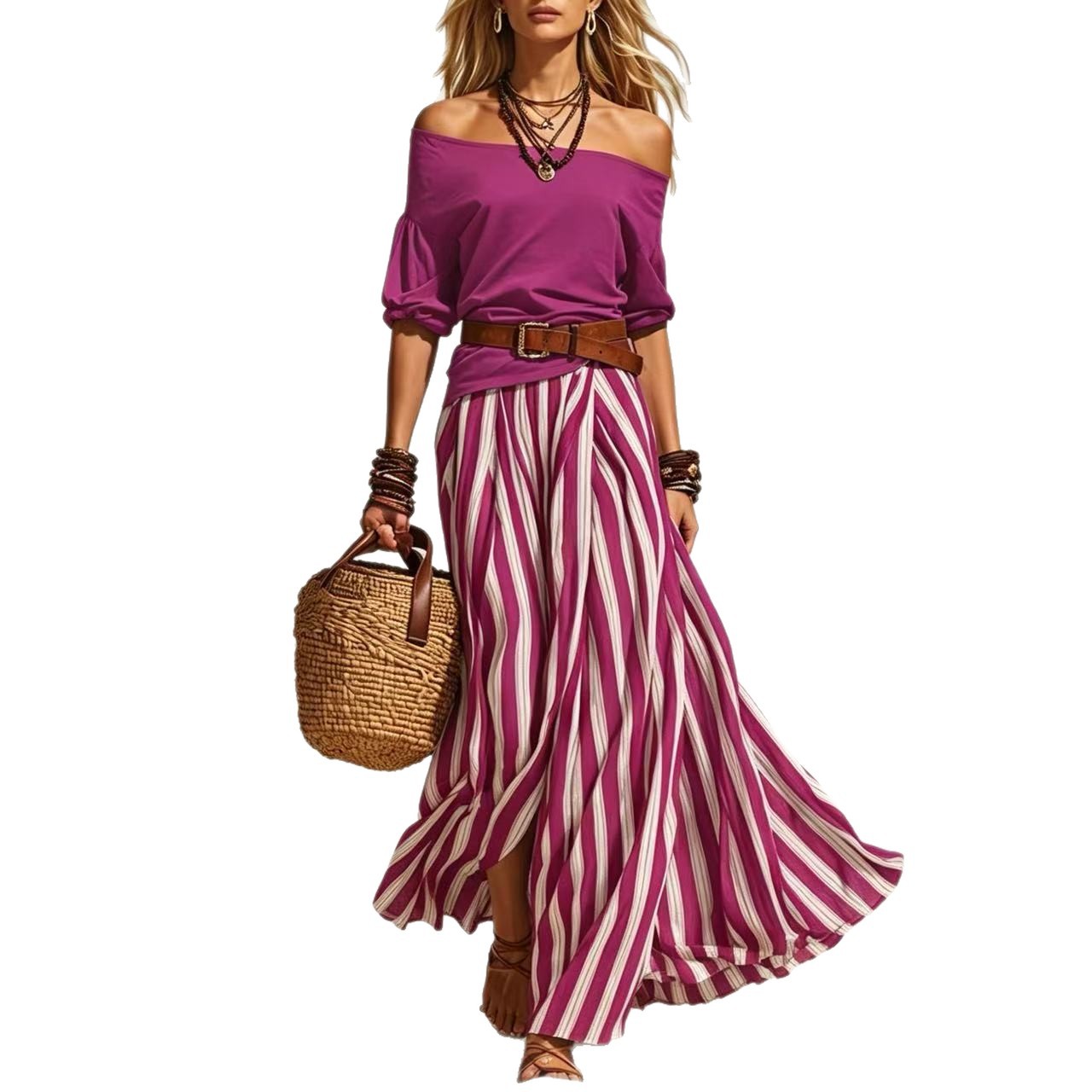 Off-shoulder Top And Slit Skirt Womens Set