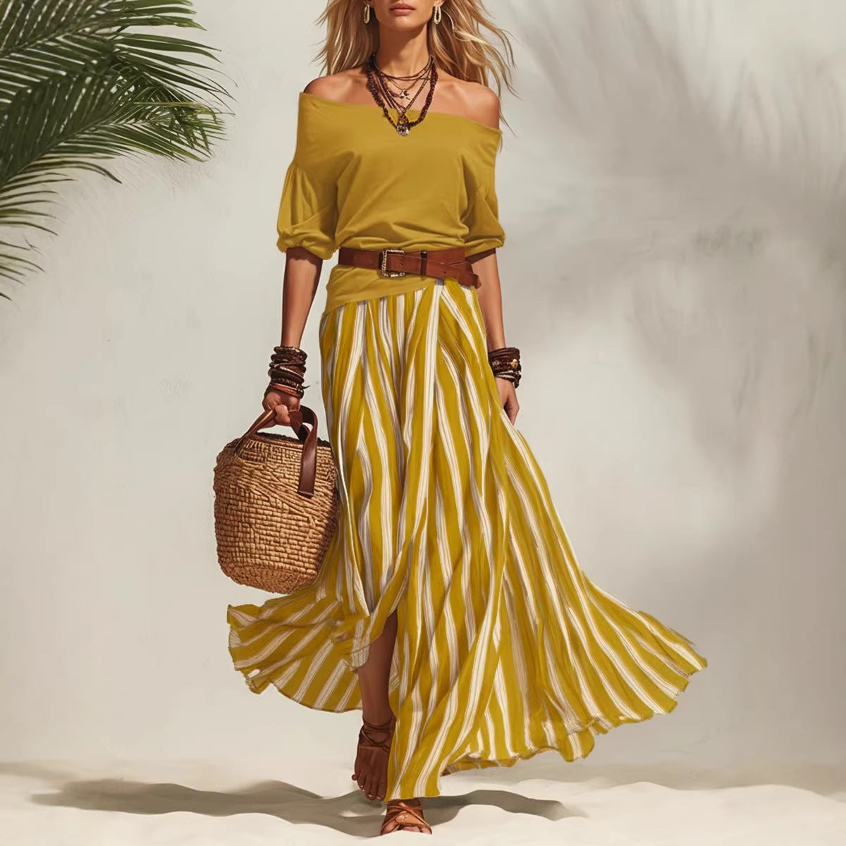 Off-shoulder Top And Slit Skirt Womens Set