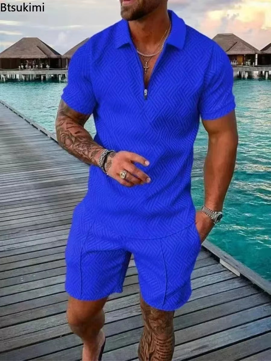 New 2026 Men'S Polo Suit Fashion Men Sets Solid Summer V-Neck Zipper Short Sleeve POLO Shirt+Shorts Two Pieces Men Casual Suit