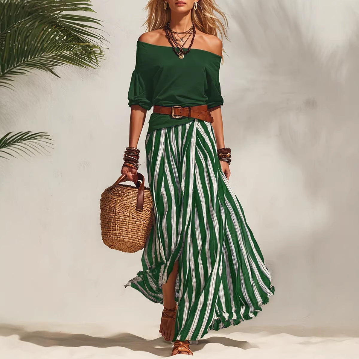 Off-shoulder Top And Slit Skirt Womens Set