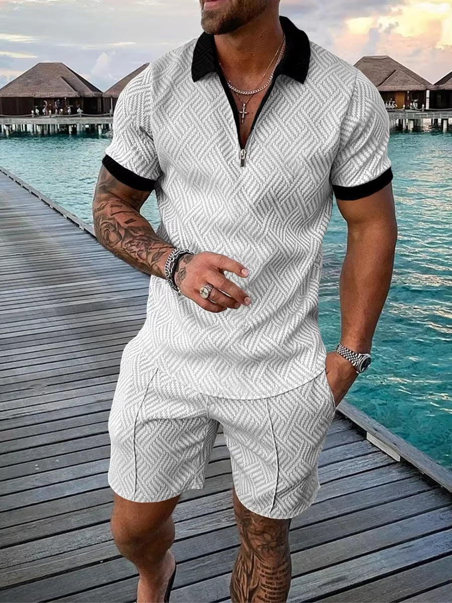 New 2026 Men'S Polo Suit Fashion Men Sets Solid Summer V-Neck Zipper Short Sleeve POLO Shirt+Shorts Two Pieces Men Casual Suit