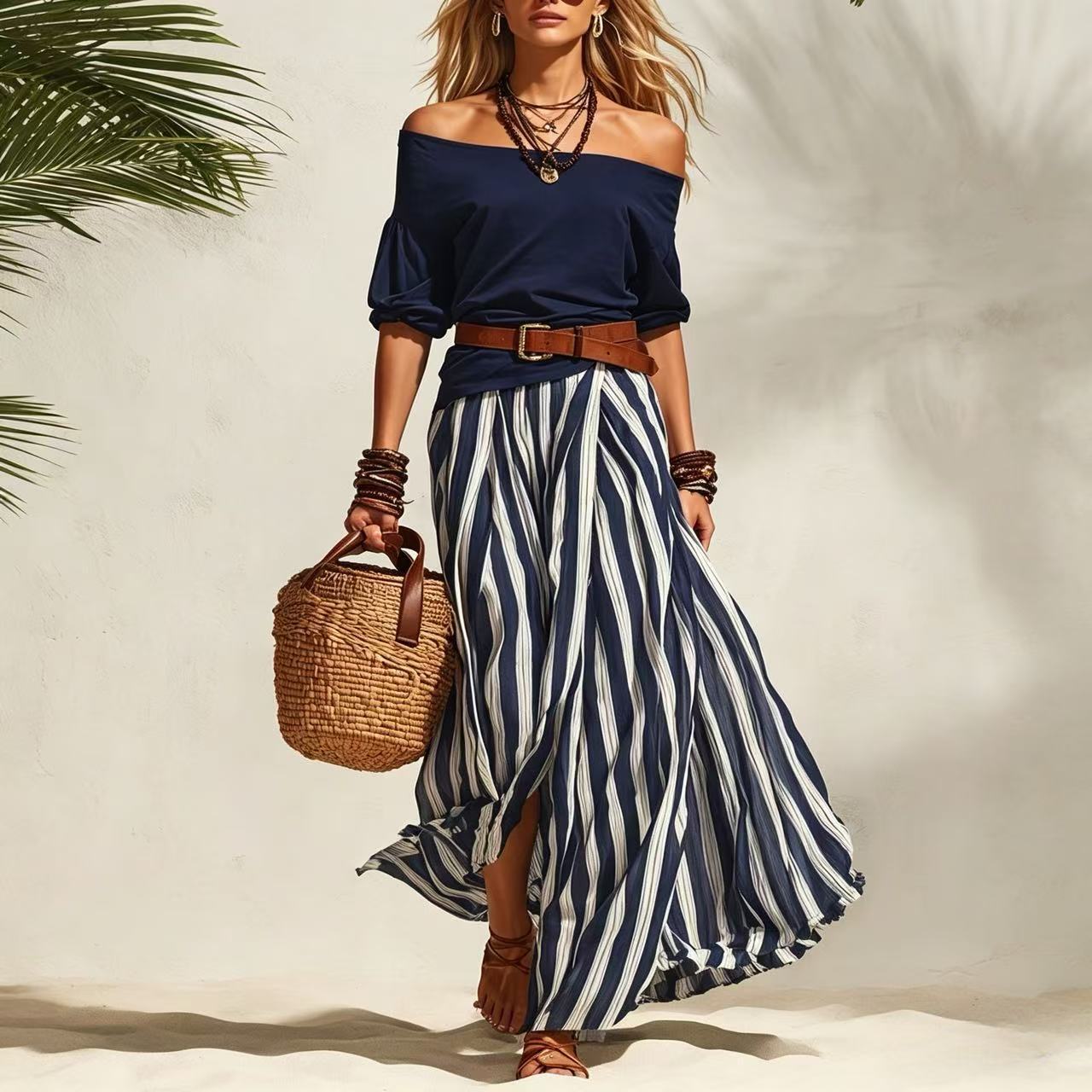 Off-shoulder Top And Slit Skirt Womens Set