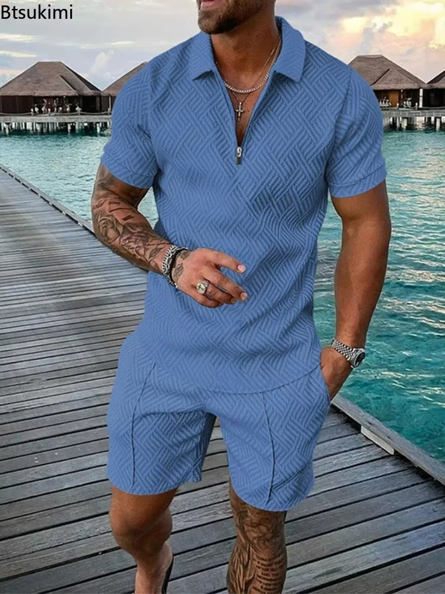 New 2026 Men'S Polo Suit Fashion Men Sets Solid Summer V-Neck Zipper Short Sleeve POLO Shirt+Shorts Two Pieces Men Casual Suit