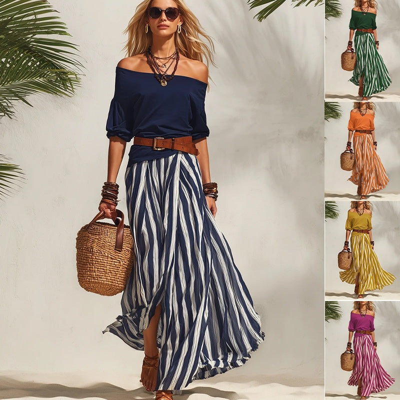 Off-shoulder Top And Slit Skirt Womens Set
